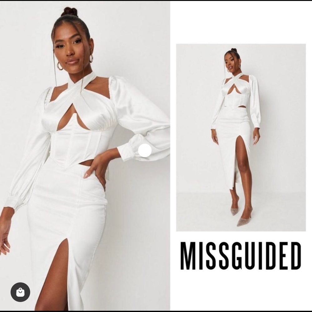 carli bybel x missguided white wrap around halterneck cut out corset top + skirt